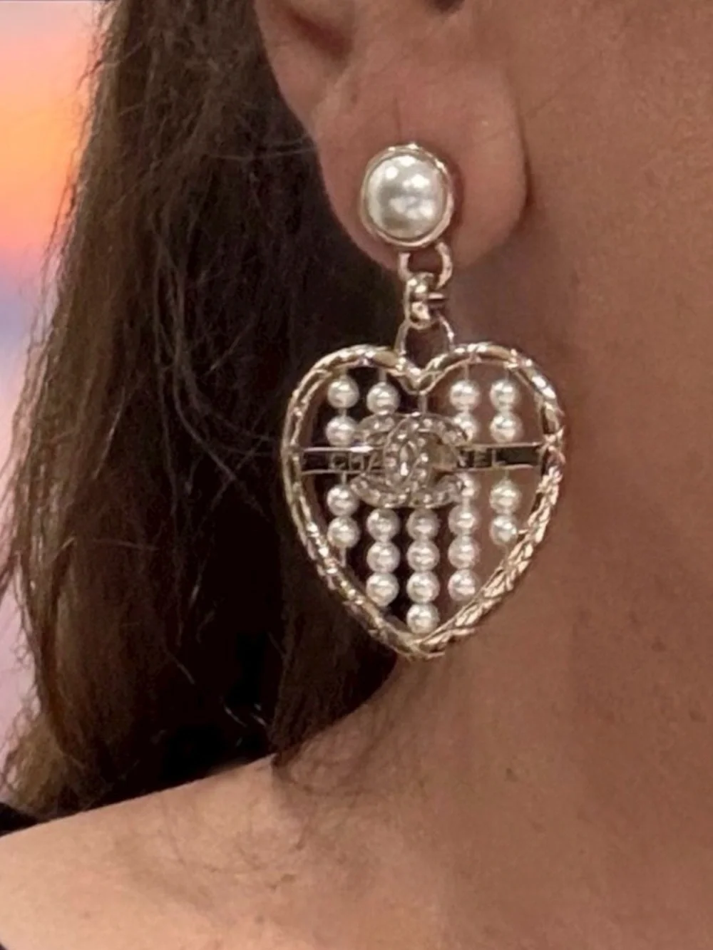 CHANEL Gold Heart Earrings with Pearl and diamond Accents